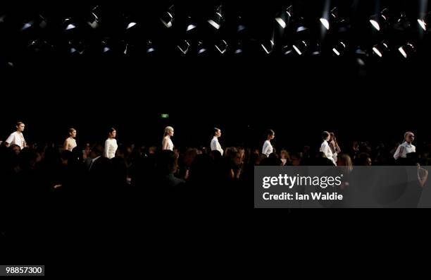 Model showcases designs by Jayson Brunsdon on the catwalk on the third day of Rosemount Australian Fashion Week Spring/Summer 2010/11 at the Overseas...