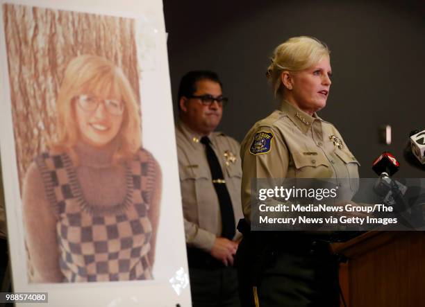 Santa Clara County Sheriff Laurie Smith speaks to the media about the 1974 killing of Arlis Perry at the Sheriff's office in San Jose, Calif., on...