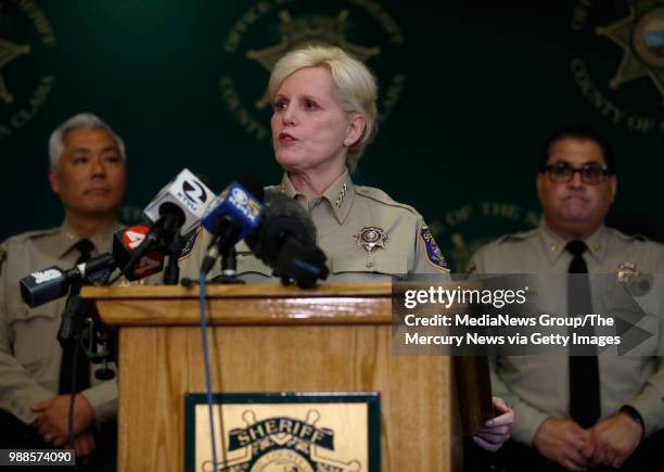 Santa Clara County Sheriff Laurie Smith speaks to the media about the 1974 killing of Arlis Perry at the Sheriff's office in San Jose, Calif., on...