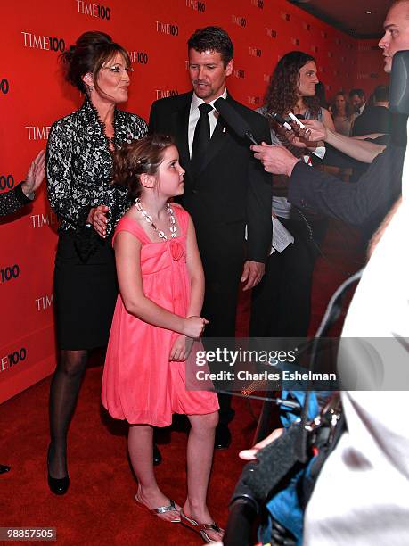 Politician Sarah Palin, daughter Piper Palin and husband Todd Palin attend the 2010 TIME 100 Gala at the Time Warner Center on May 4, 2010 in New...