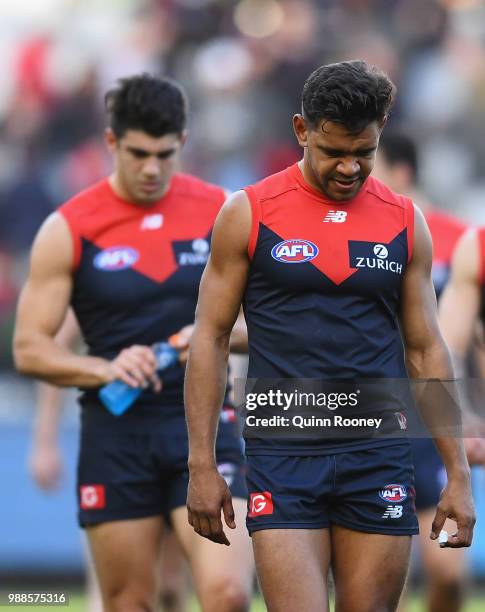 Christian Petracca and Neville Jetta of the Demons look dejected after losing the round 15 AFL match between the Melbourne Demons and the St Kilda...