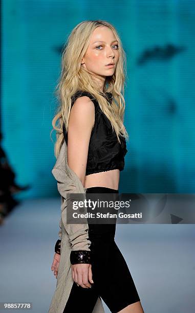 Model Louise Van de Vorst showcases designs by Nookie on the catwalk on the third day of Rosemount Australian Fashion Week Spring/Summer 2010/11 at...