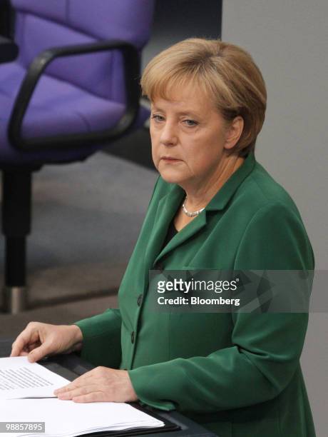 Angela Merkel, Germany's chancellor, speaks to the Bundestag, or German Parliament in Berlin, Germany, on Wednesday, May 5, 2010. Merkel appealed to...
