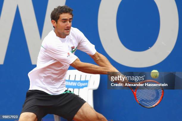 Marin Cilic of Croatia plays a back hand during his match against Michael Berrer of Germany at day 4 of the BMW Open at the Iphitos tennis club on...