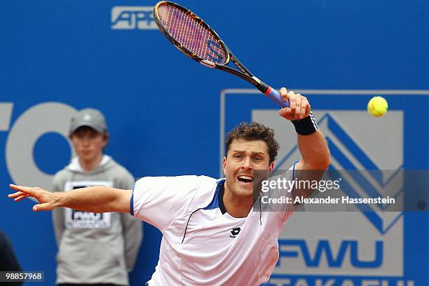 Michael Berrer of Germany plays a back hand during his match against Marin Cilic of Croatia at day 4 of the BMW Open at the Iphitos tennis club on...