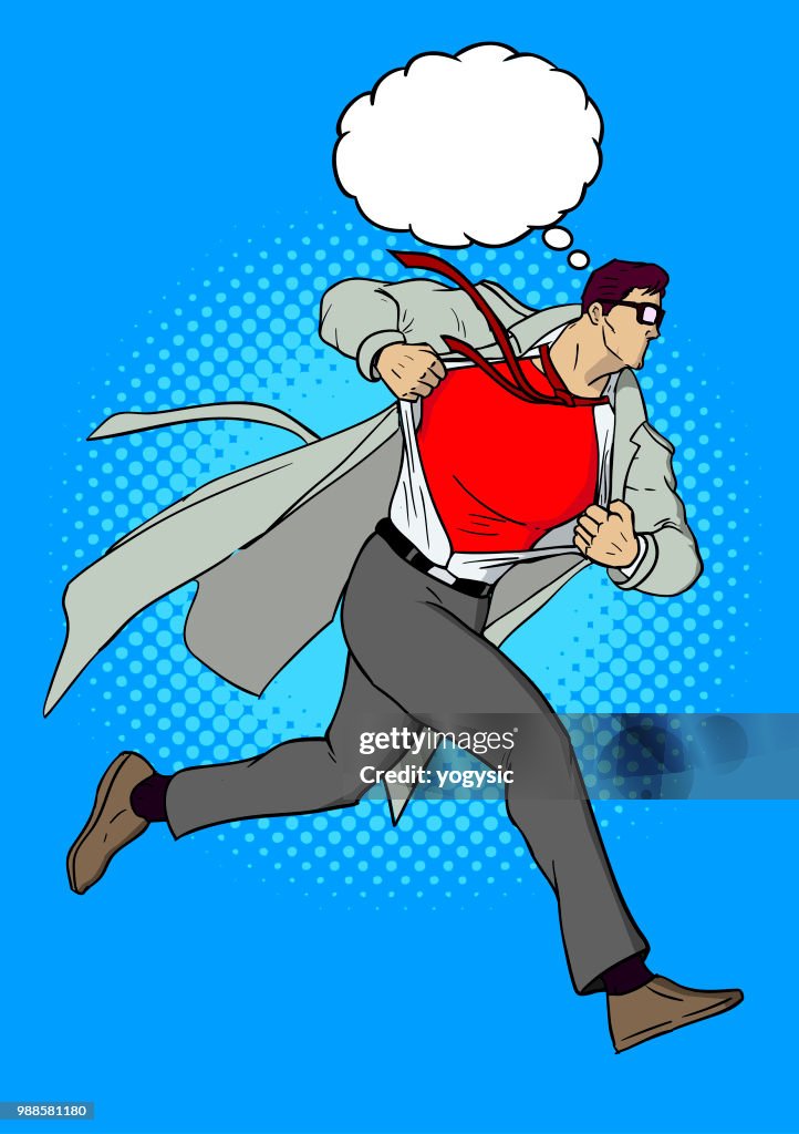 Comic Man Running Vector Retro Comic Book Running Man In Coat Transforms Into Superhero ...