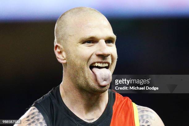 Jake Stringer of Essendon celebrates a goal during the round 15 AFL match between the Essendon Bombers and the North Melbourne Kangaroos at Etihad...