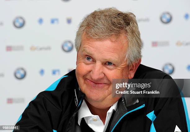 Ryder Cup captain Colin Montgomerie of Scotland talks to the media during a press conference prior to the start of the BMW Italian Open at Royal Park...