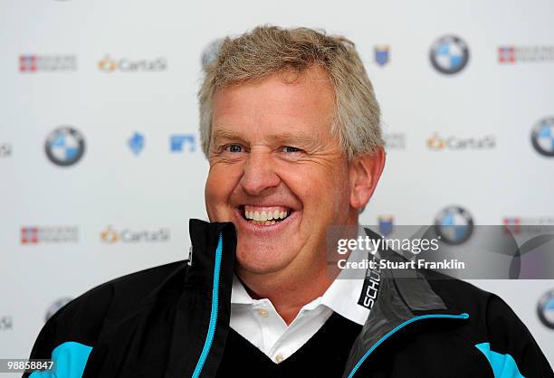 Ryder Cup captain Colin Montgomerie of Scotland talks to the media during a press conference prior to the start of the BMW Italian Open at Royal Park...