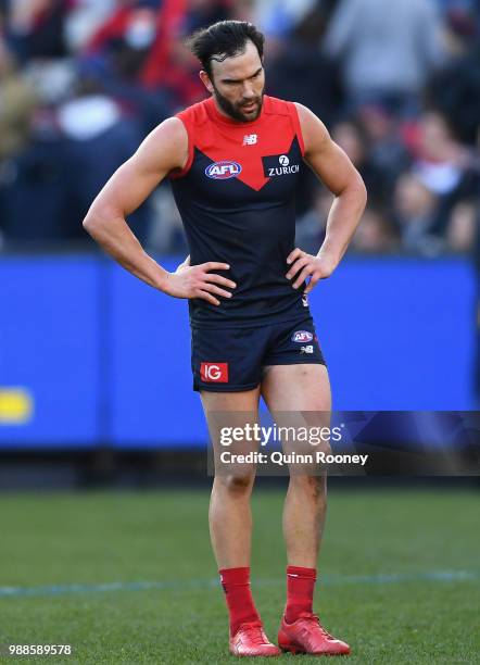 Jordan Lewis of the Demons looks dejected after losing the round 15 AFL match between the Melbourne Demons and the St Kilda Saints at Melbourne...