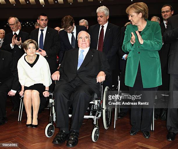 Maike Kohl-Richter, former German Chancellor Helmut Kohl and German Chancellor Angela Merkel attend an official birthday reception to former German...