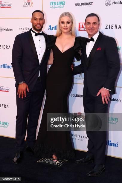 Josh Gibson, Simone Holtznagel and Shannon Noll arrive at the 60th Annual Logie Awards at The Star Gold Coast on July 1, 2018 in Gold Coast,...