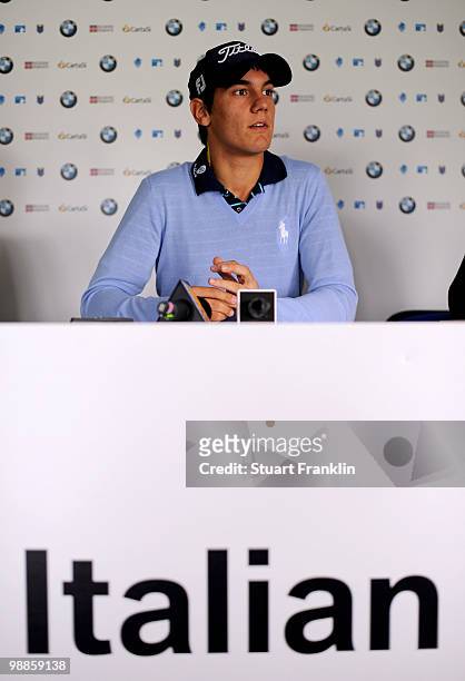 Matteo Manassero of Italy talks to the media during a press conference prior to starting his professional career at the BMW Italian Open at Royal...