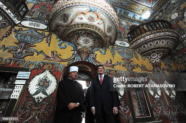 President of Albania, Bamir Topi flanked by the Reis ul Ulema Haxhi Suleiman efendi Rexhepi, the head of the Islamic Faith Community of Macedonia,...