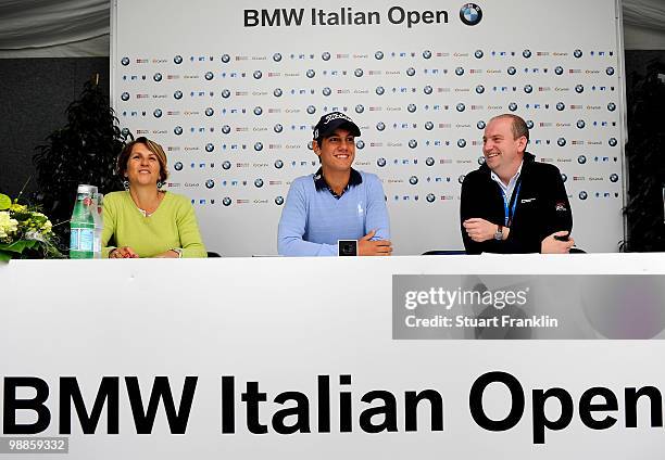 Matteo Manassero of Italy talks to the media during a press conference prior to starting his professional career at the BMW Italian Open at Royal...