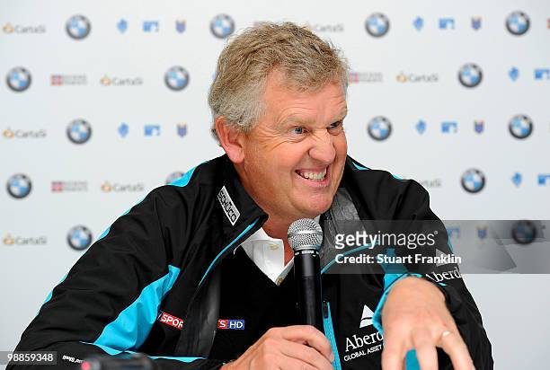 Ryder Cup captain Colin Montgomerie of Scotland talks to the media during a press conference prior to the start of the BMW Italian Open at Royal Park...