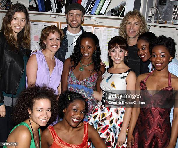 Jessica Biel and boyfriend Justin Timberlake pose with the cast backstage at the hit broadway musical "Memphis" on Broadway at The Shubert Theater on...