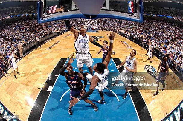 Dwight Howard of the Orlando Magic blocks a shot against the Atlanta Hawks in Game One of the Eastern Conference Semifinals during the 2010 NBA...