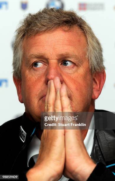 Ryder Cup captain Colin Montgomerie of Scotland talks to the media during a press conference prior to the start of the BMW Italian Open at Royal Park...