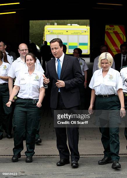 David Cameron, the leader of the Conservative party, meets workers at Dudley Ambulance Station on May 5, 2010 in Dudley, England. The leaders of all...