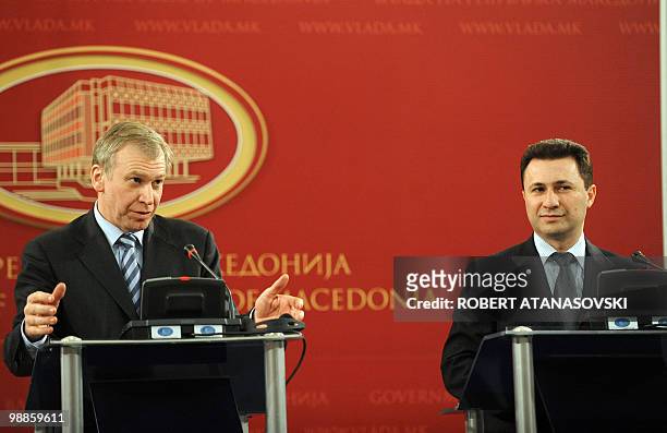 Belgian Prime Minister Yves Leterme and his Macedonian counterpart Nikola Gruevski give a press conference in Macedonian Government building in...