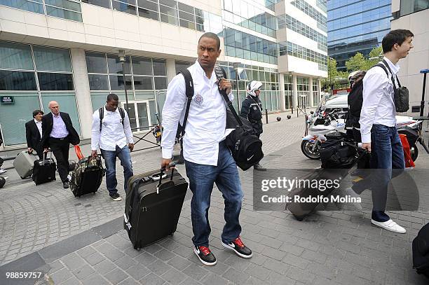 Lawrence Roberts, #4 of Partizan Belgrade and Lester McCalebb, #6 during the team's arrival at Pullman Bercy Hotel on May 5, 2010 in Paris, France.