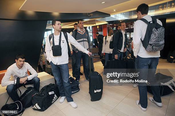 Stefan Sinovec, #5 of Partizan Belgrade, Aleksandar Rasic, #10, Aleksandar Maric, #21 and Dusan Kecman, #7 during the team's arrival at Pullman Bercy...