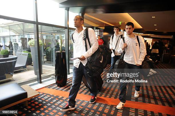 Lawrence Roberts, #4 of Partizan Belgrade and Stefan Sinovec, #5 during the team's arrival at Pullman Bercy Hotel on May 5, 2010 in Paris, France.