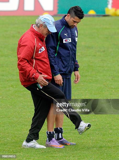 Head Coach Marcello Lippi and Marco Borriello during the Italy Training Session at Sport Center La Borghesiana on May 5, 2010 in Rome, Italy.