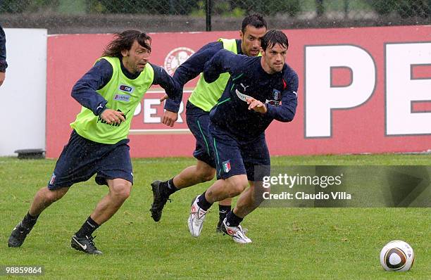 Andrea Pirlo and Christian Maggio during the Italy Training Session at Sport Center La Borghesiana on May 5, 2010 in Rome, Italy.