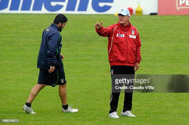 Head Coach Marcello Lippi and Gennaro Gattuso during the Italy Training Session at Sport Center La Borghesiana on May 5, 2010 in Rome, Italy.