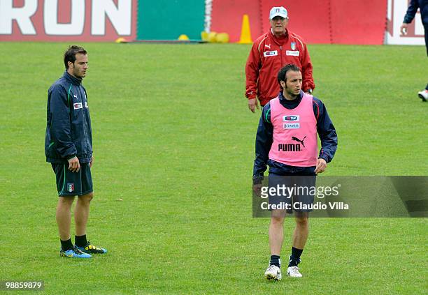 Head Coach Marcello Lippi, Alberto Gilardino and Giampaolo Pazzini during the Italy Training Session at Sport Center La Borghesiana on May 5, 2010 in...