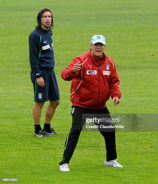 Head Coach Marcello Lippi and Andrea Pirlo during the Italy Training Session at Sport Center La Borghesiana on May 5, 2010 in Rome, Italy.