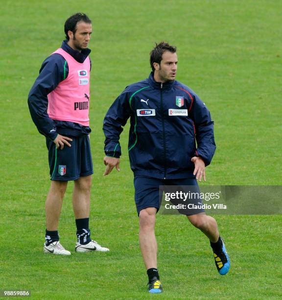 Alberto Gilardino and Giampaolo Pazzini during the Italy Training Session at Sport Center La Borghesiana on May 5, 2010 in Rome, Italy.