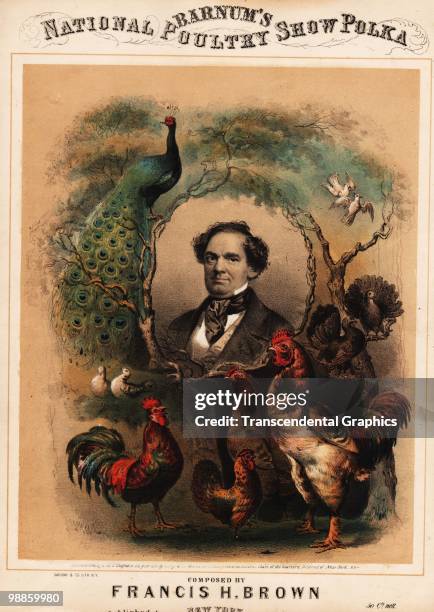 View of the cover of the sheet music for 'Barnum's National Poultry Show Polka' , a piece of music written to commemorate the P.T. Barnum-sponsored...