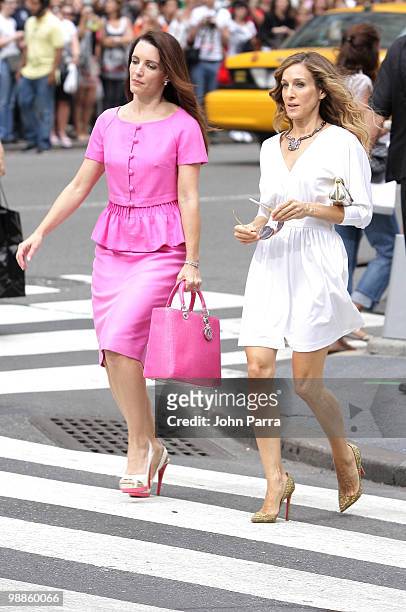 Actress Sarah Jessica Parker and Actress Kristen Davis filming on location for "Sex And The City 2" on the streets of Manhattan on September 8, 2009...