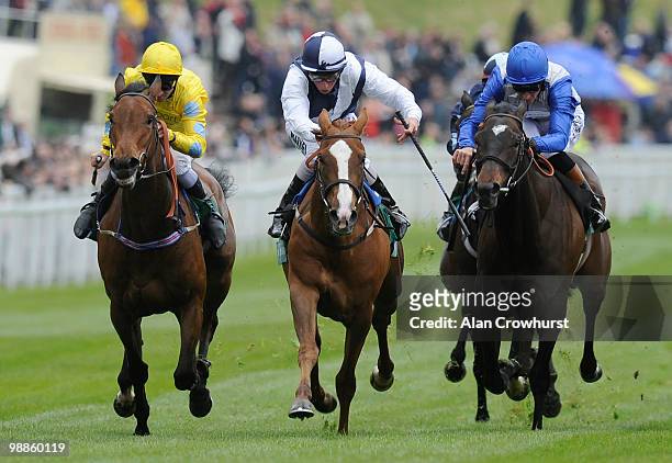 Gertrude Bell and William Buick win The Weatherbys Bank Cheshire Oaks from Acquainted and Richard Hughes at Chester racecourse on May 05, 2010 in...