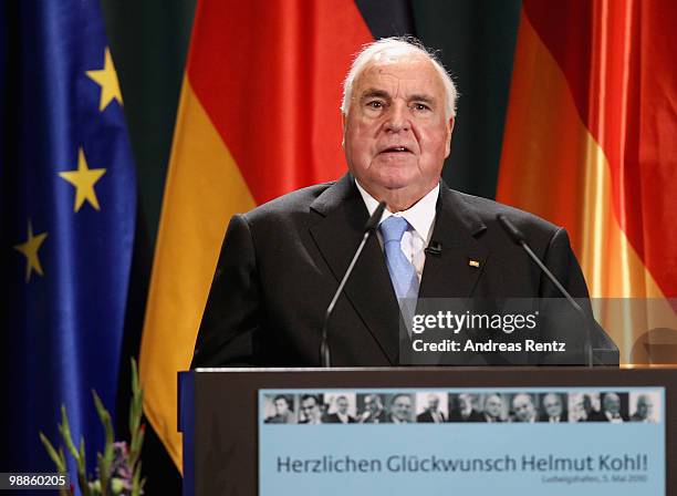 Former German Chancellor Helmut Kohl speaks to the audience during his official birthday reception at the Pfalzbau on May 5, 2010 in Ludwigshafen,...