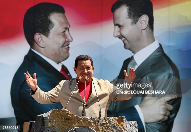 Venezuelan President Hugo Chavez addresses crowds in Sweida, 100 kms south of Damascus, on Septamber 4, 2009. Chavez visited Sweida, homeland of many...