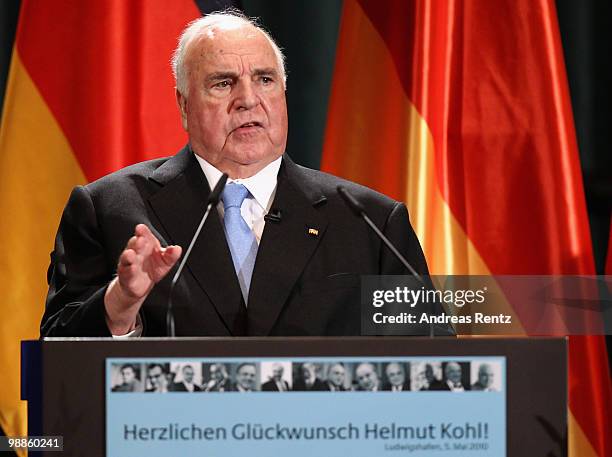 Former German Chancellor Helmut Kohl speaks to the audience during his official birthday reception at the Pfalzbau on May 5, 2010 in Ludwigshafen,...