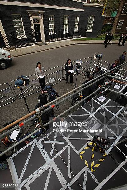 Stand for photographers and other media in Downing Street is marked by tape ahead of Thursday's general election in on May 5, 2010 in London,...
