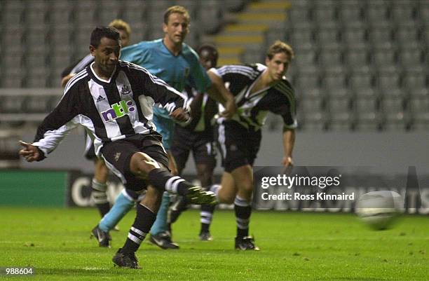 Nolberto Solano of Newcastle scores the third goal from the penalty spot during the Intertoto Cup tie between Newcastle United and 1860 Munich at St...