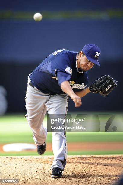 Pitcher Yovani Gallardo of the Milwaukee Brewers throws against the San Diego Padres at Petco Park on Saturday, May 1, 2010 in San Diego, California....