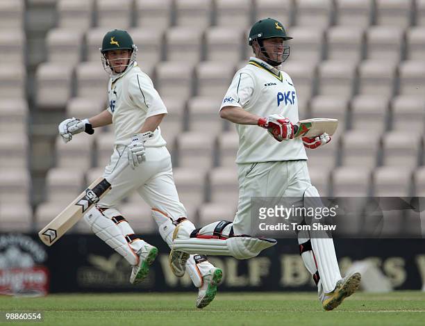 Chris Read and Ali Brown of Nottinghamshire add to the runs during the LV County Championship match between Hampshire and Nottinghamshire at the...