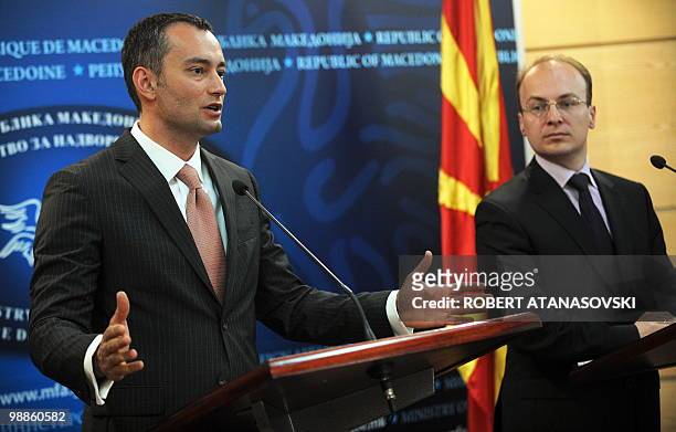 Bulgarian Foreign Minister Nikolai Mladenov gestures during a press conference with his Macedonian counterpart Antonio Milosovski on May 5, 2010 in...