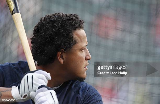 Miguel Cabrera of the Detroit Tigers works out prior to the start of the game against the Minnesota Twins on May 4, 2010 at Target Field in...