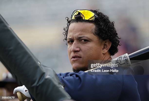 Miguel Cabrera of the Detroit Tigers works out prior to the start of the game against the Minnesota Twins on May 4, 2010 at Target Field in...