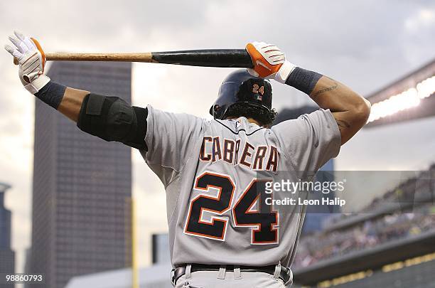 Miguel Cabrera of the Detroit Tigers bats in the first inning against the Minnesota Twins on May 4, 2010 at Target Field in Minneapolis, Minnesota....