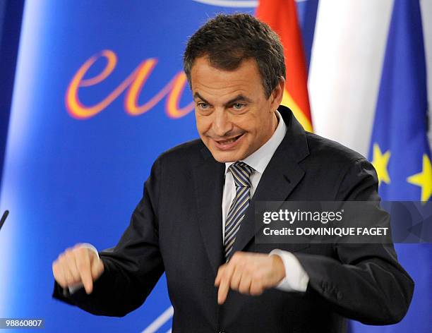 Spain's Prime Minister Jose Luis Rodriguez Zapatero gives a press conference after meeting with the leader of the Spanish opposition party Mariano...