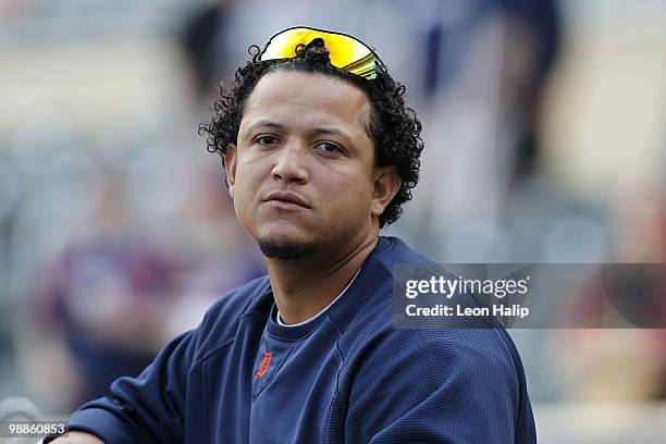 Miguel Cabrera of the Detroit Tigers works out prior to the start of the game against the Minnesota Twins on May 4, 2010 at Target Field in...